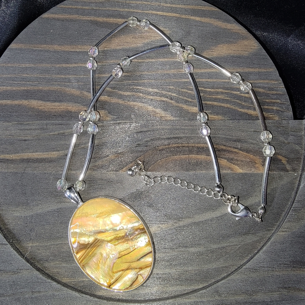 Handmade Golden Mother of Pearl Pendant on Silver Beads